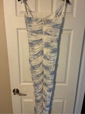 White and Light Blue Ruched Maxi Skirt with Toile Print